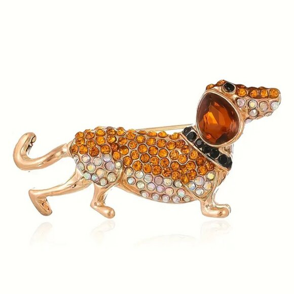 Dachshund CZ Crystals Rhinestones Dog Breed Weiner Hotdog Pin Brooch Gift Jewel - Picture 2 of 4